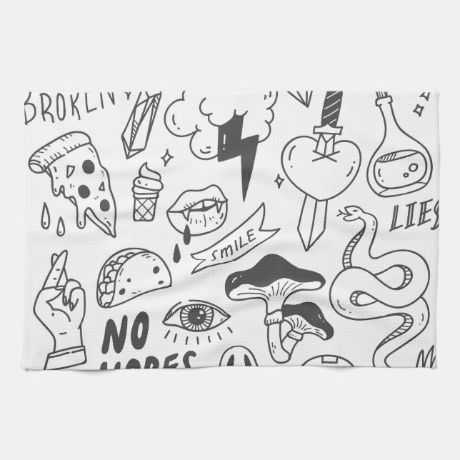 Linge De Cuisine Graffiti mignon : Doodle Art Set. (Horizontal)