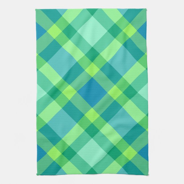 Linge De Cuisine Grand Bias Moderne Plaid, Jade Green & Turquoise (Vertical)