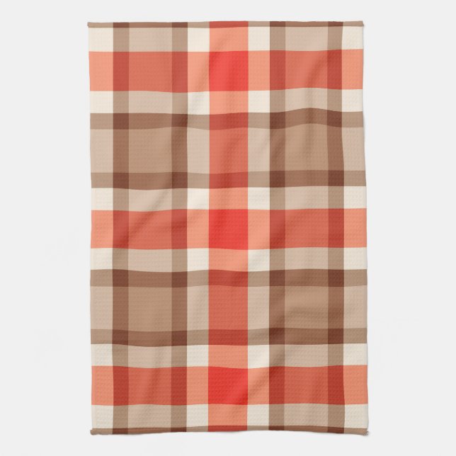 Linge De Cuisine Grand Plaid Moderne, Coral Orange, Brown & Tan (Vertical)