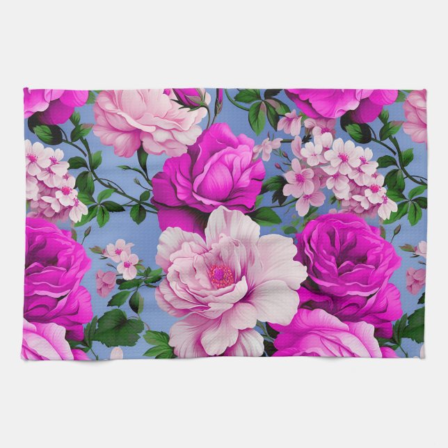 Linge De Cuisine Grande Fleur Rose rétro violet (Horizontal)