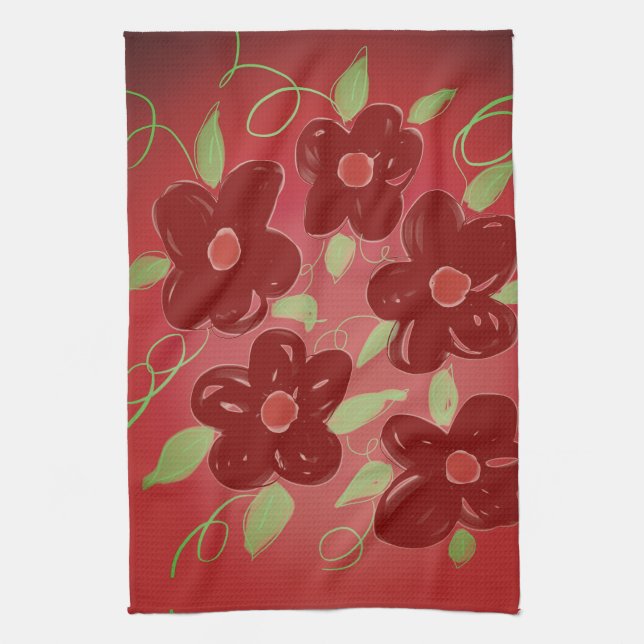 Linge De Cuisine Grange foncée rouge floral (Vertical)