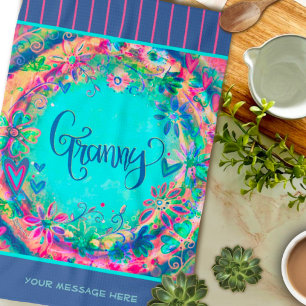 Linge De Cuisine Granny Bleu Joli Coeurs Floraux Personnalisé