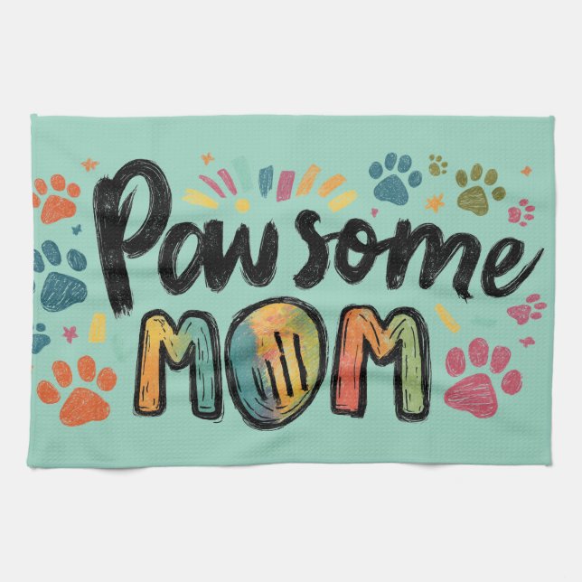 Linge De Cuisine Graphique Whimsical "Pawsome MOM" avec pattes colo (Horizontal)