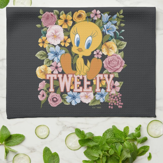 Linge De Cuisine Graphisme de broderie florale TWEETY™ (Plié)