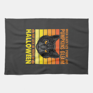 Linge De Cuisine Graphisme de citrouille vintage Halloween chat noi