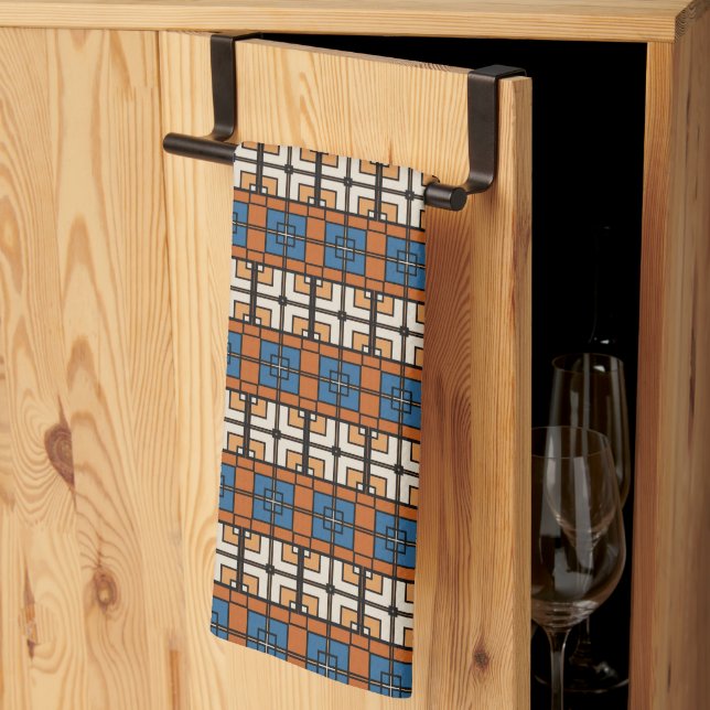 Linge De Cuisine Gras bleu et terre cuite géométrique (Pliage en tiers)