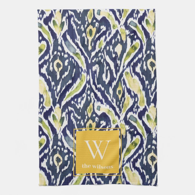 Linge De Cuisine Gras bleu jaune Abstrait Ikat Monogramme (Vertical)