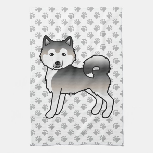 Linge De Cuisine Gray Alaskien Malamute mignon Dessin Cartographié  (Vertical)