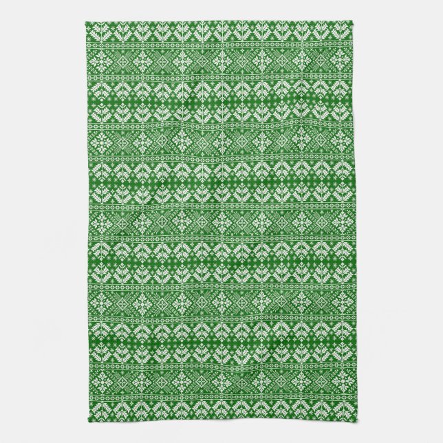 Linge De Cuisine Green and White Christmas Fair Isle Motif (Vertical)