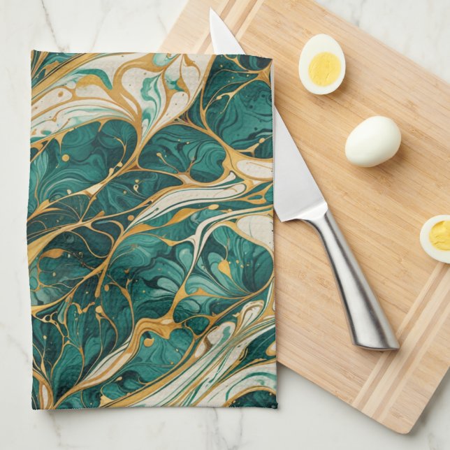 Linge De Cuisine Green and White Marble with Gold Accents (Quart Plié)