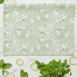 Linge De Cuisine Green And White Seagull Beach Bird Pattern