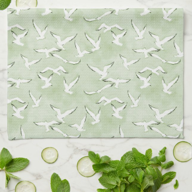 Linge De Cuisine Green And White Seagull Beach Bird Pattern (Plié)