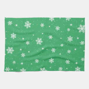 Linge De Cuisine Green Christmas Stars Snowflakes Motif