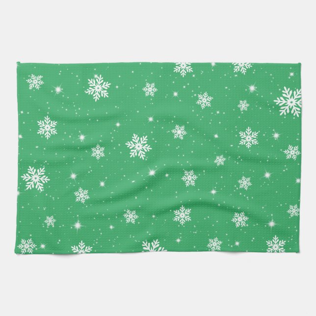 Linge De Cuisine Green Christmas Stars Snowflakes Motif (Horizontal)