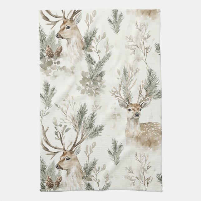 Linge De Cuisine Green Pine Cones Deer Christmas (Vertical)