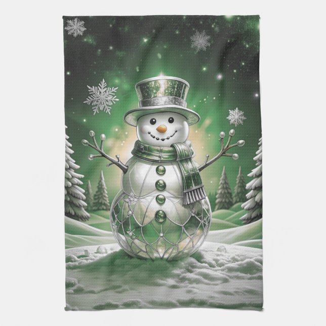 Linge De Cuisine Green Snowman Snowflakes Holiday Kitchen Towel (Vertical)