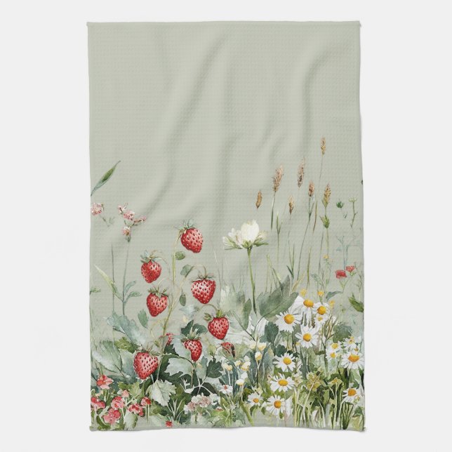 Linge De Cuisine Green Strawberries Daisy Flowers (Vertical)
