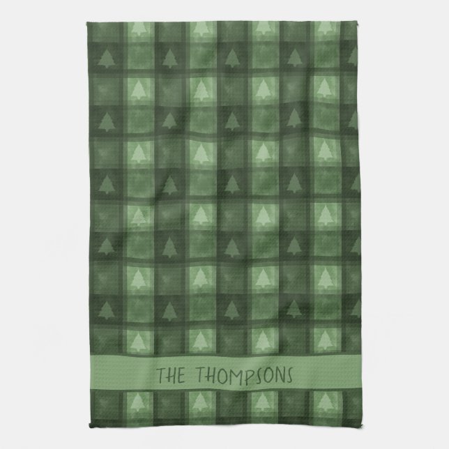 Linge De Cuisine Green Tree Plaid With Custom Family Name Christmas (Vertical)