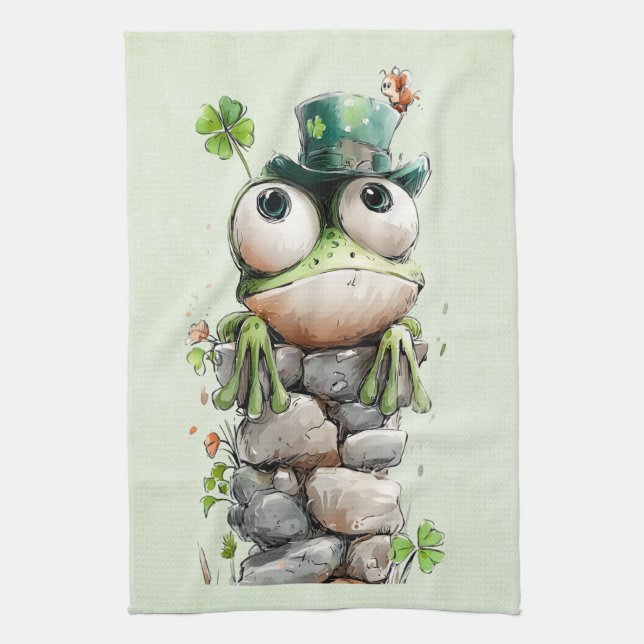 Linge De Cuisine Grenouille avec chapeau vert et trèfle mignonne (Vertical)