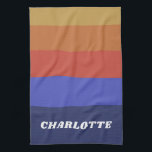 Linge De Cuisine Grilles Abstraites Bleues Rétro Personnalisées<br><div class="desc">Cette serviette de cuisine personnalisée présente des rayures horizontales audacieuses en jaune, rouge, violet et bleu foncé, avec un nom personnalisé imprimé en blanc au fond. La palette de couleurs simple et la police serif classique lui donnent une sensation amusante rétro tout en gardant les choses pratiques pour l'usage quotidien....</div>