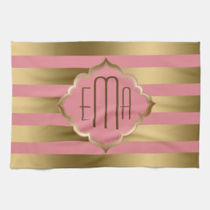 Linge De Cuisine Grilles d'or monogramme et Motif géométrique rose