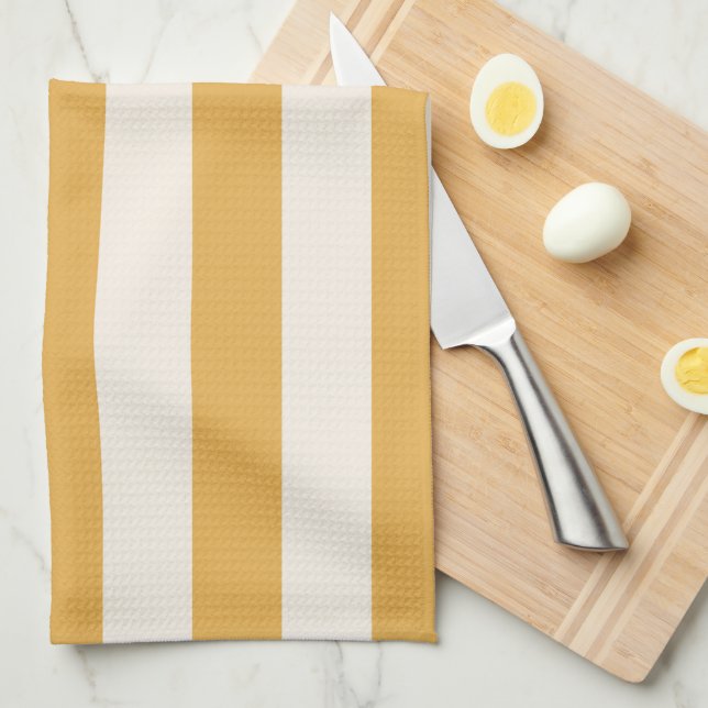 Linge De Cuisine Grilles Verticales Moutarde Jaune Et Blanc Gratté (Quart Plié)