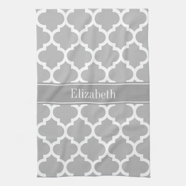 Linge De Cuisine Gris Blanc Marocain #5 Gris Foncé Monogramme Nom (Vertical)