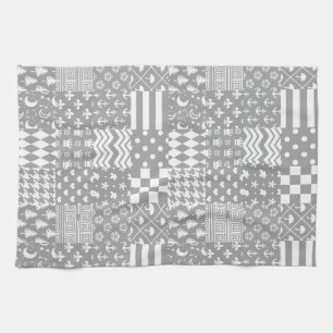 Linge De Cuisine Gris Blanc Mixte Motif Patchwork Design