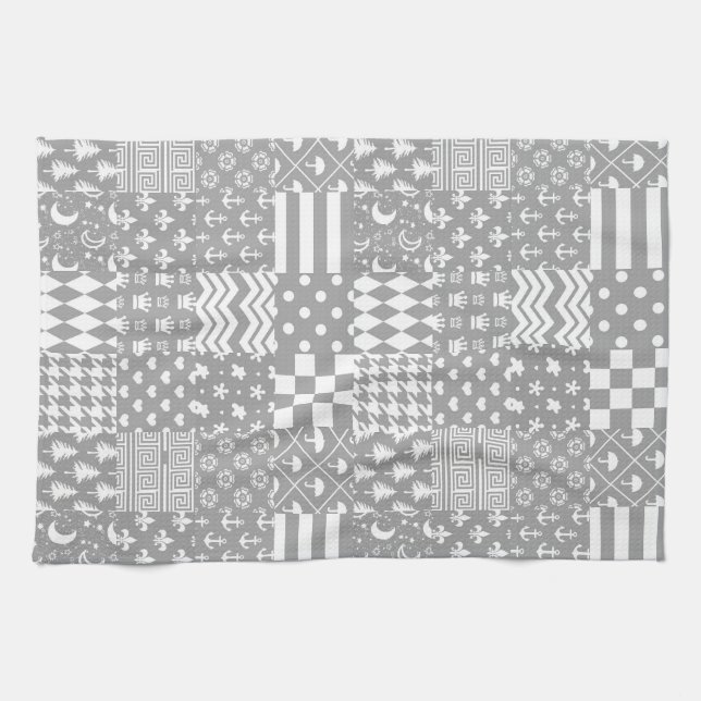Linge De Cuisine Gris Blanc Mixte Motif Patchwork Design (Horizontal)