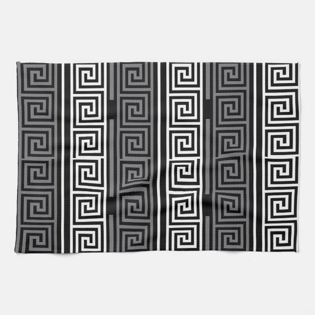 Linge De Cuisine Gris Blanc Noir Clé grecque Fret Motif Design (Horizontal)