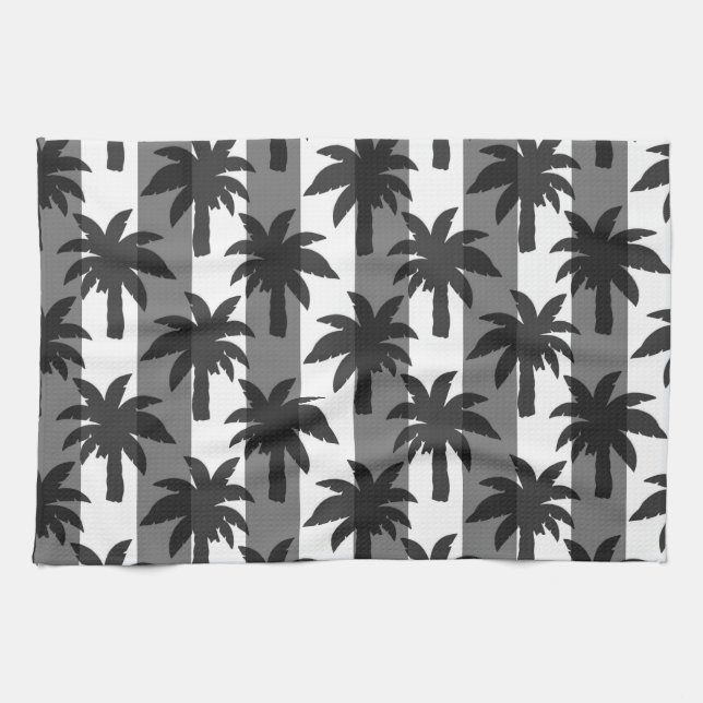 Linge De Cuisine Gris Blanc Tropical Palmiers Stripes Design (Horizontal)