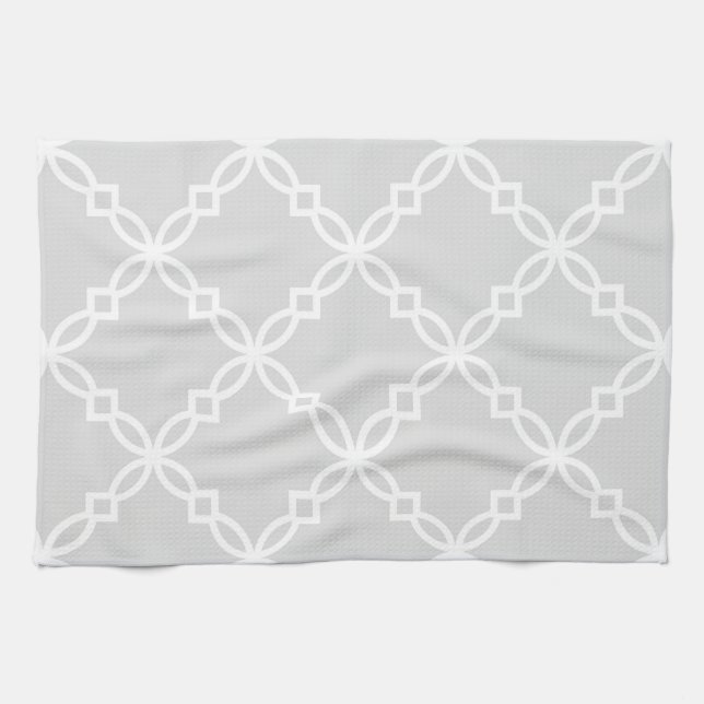 Linge De Cuisine Gris clair Blanc Grand Motif de Quatrefoil Faisant (Horizontal)