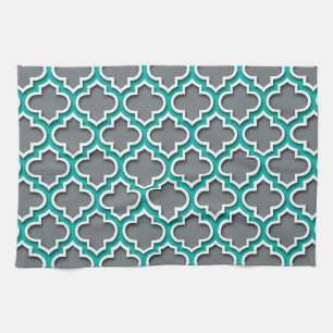 Linge De Cuisine Gris de charbon Turquoise blanc Quatrefoil marocai