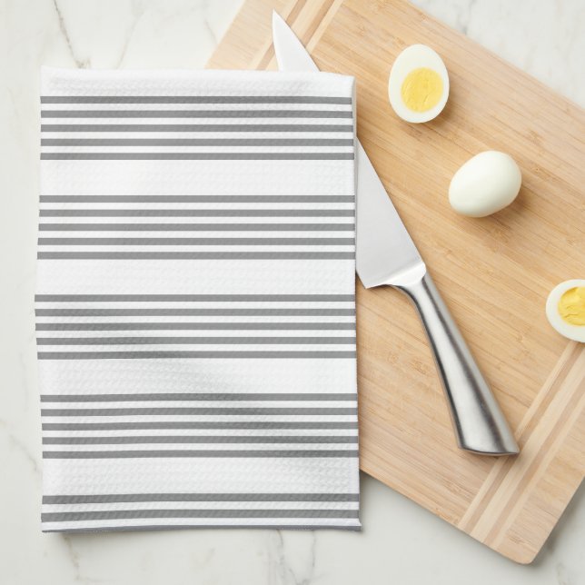 Linge De Cuisine Gris et blanc cinq bandes motif (Quart Plié)