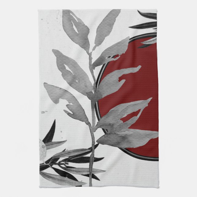 Linge De Cuisine Gris et Bourgogne Moderne Aquarelle Feuilles (Vertical)