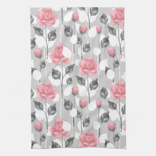 Linge De Cuisine Gris et rose.Schéma floral