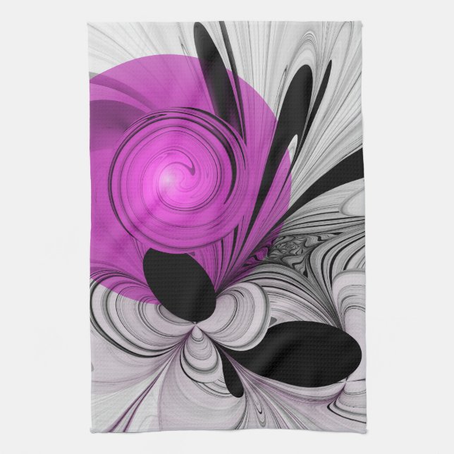 Linge De Cuisine Gris Noir Abstrait Avec Art Fractal Magenta (Vertical)