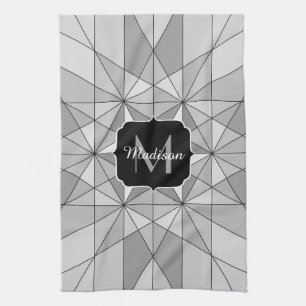 Linge De Cuisine Gris noir blanc Monogramme motif mosaïque triangul