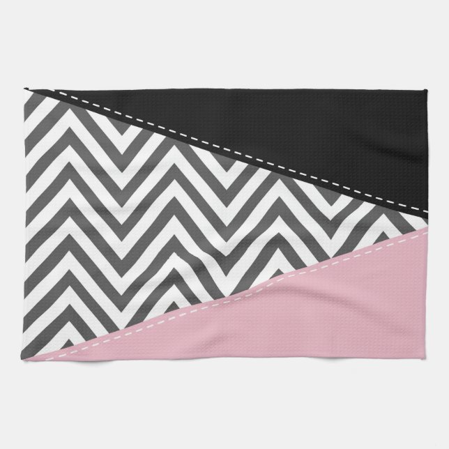 Linge De Cuisine Gris Zigzag, Gris Chevron, Motif Zigzag, Rose (Horizontal)