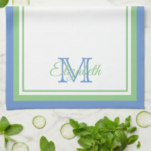 Linge De Cuisine Groseilles de Cornouailles Bleu et Monogramme vert