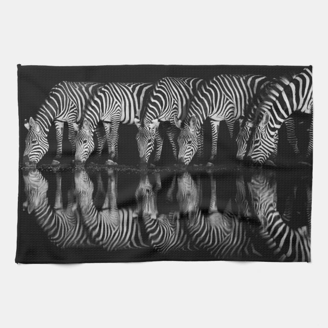 Linge De Cuisine Group of Plains Zebra Drink Together at Night (Horizontal)