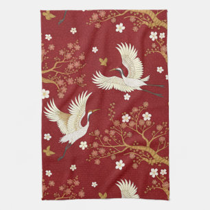 Linge De Cuisine Grue couronné rouge motif Sakura (1)