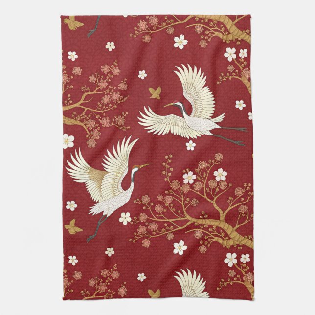 Linge De Cuisine Grue couronné rouge motif Sakura (1) (Vertical)