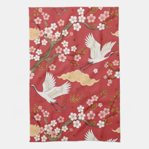 Linge De Cuisine Grue couronné rouge motif Sakura (2)