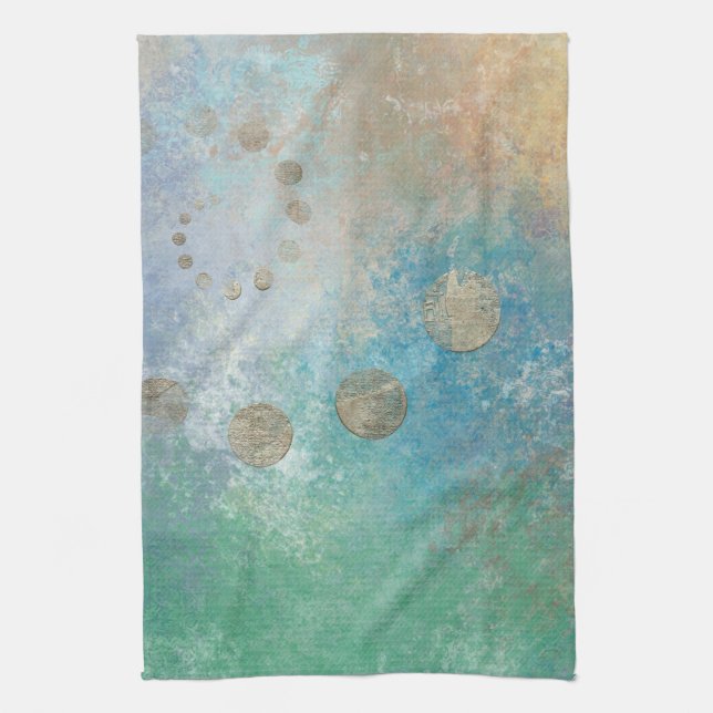 Linge De Cuisine Grunge Côtière | Aquarelle bleu et vert or (Vertical)