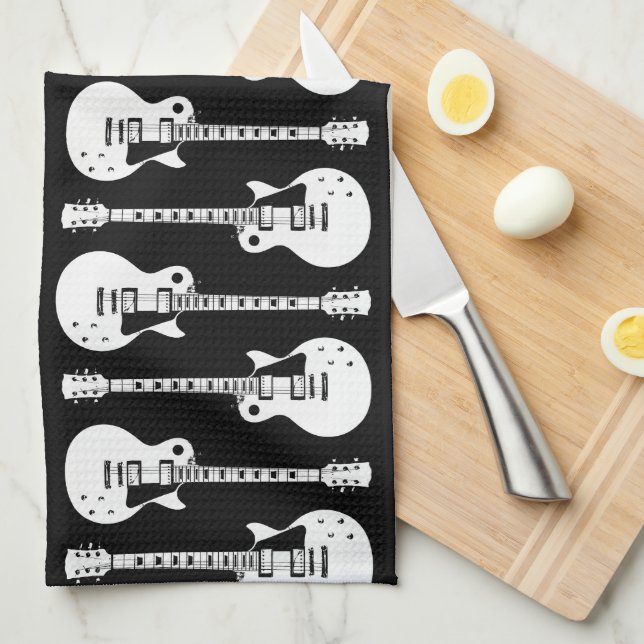 Linge De Cuisine Guitares Électriques Graphique en Blanc (Quart Plié)