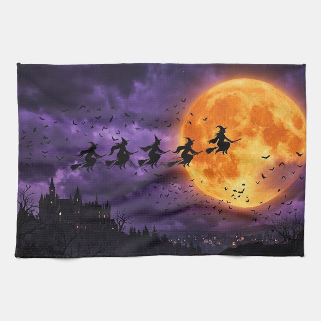 Linge De Cuisine Halloween avec Lune et Sorcière (Horizontal)
