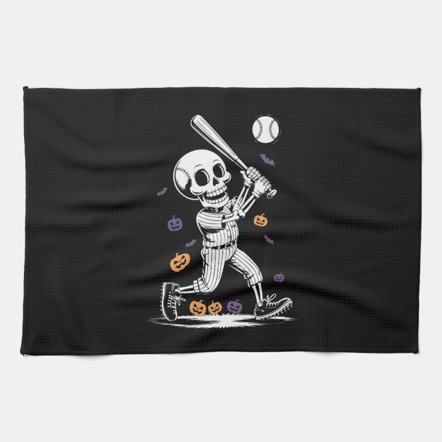 Linge De Cuisine Halloween Baseball Skeleton Hitting (Horizontal)