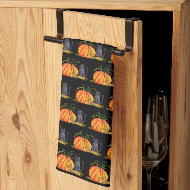 Linge De Cuisine Halloween Citrouille Chat Cute Motif Orange Automn (Pliage en tiers)