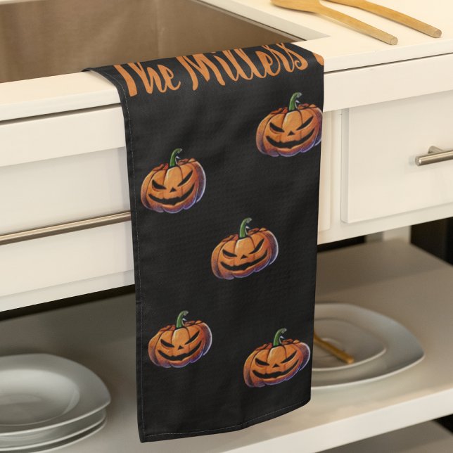 Linge De Cuisine Halloween Citrouille noir et orange personnalisé (Black and Orange Pumpkin Halloween personalized Kitchen Towel)